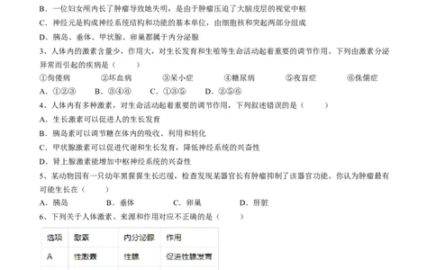 4.6.4激素调节（原卷版）_初中全科电子版试卷练习试题_生物_生物人教版7下练习_人教生物7年级下课时练习40份_第2套七年级生物下册课时练习（人教版）20份