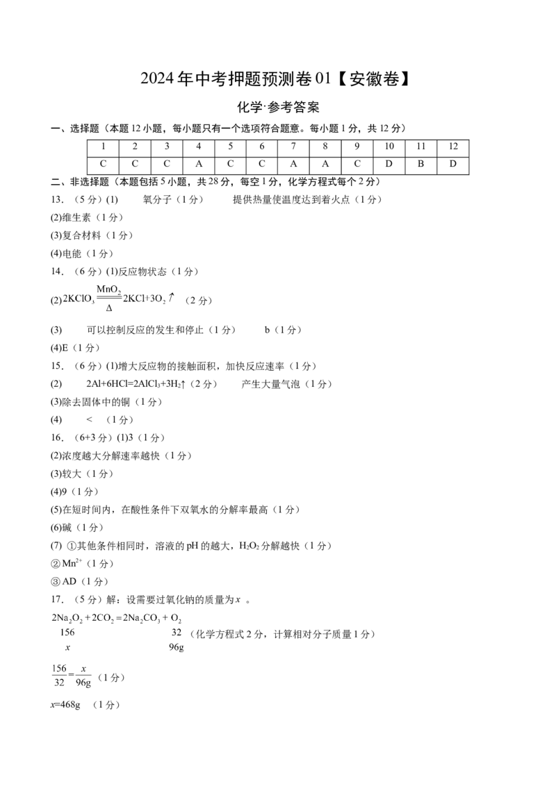 2024年中考押题预测卷01（安徽卷）-化学（参考答案）_初中全科电子版试卷练习试题_化学_2024中考模拟题化学(1)_押题预测