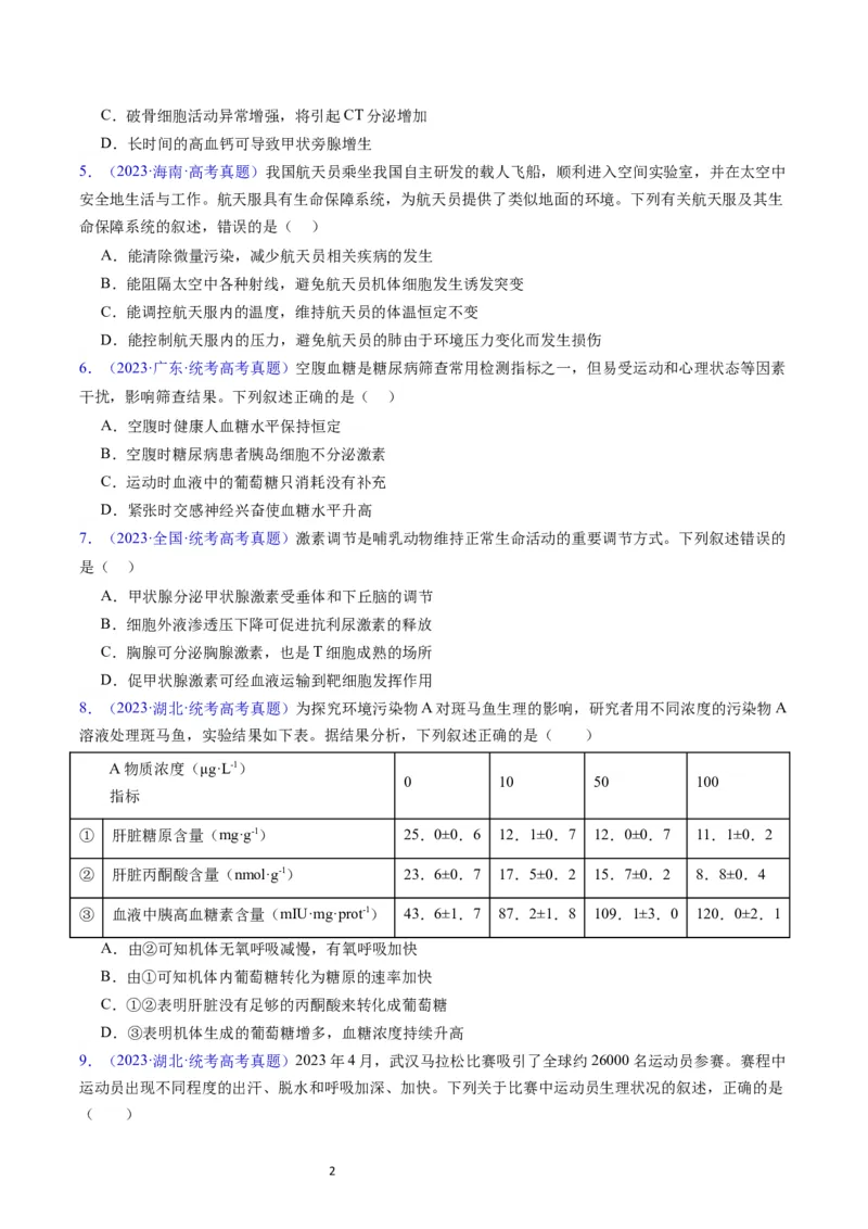 专题15体液调节-学易金卷：五年（2019-2023）高考生物真题分项汇编（全国通用）（原卷版）_通用版（老高考）复习资料_2024年复习资料