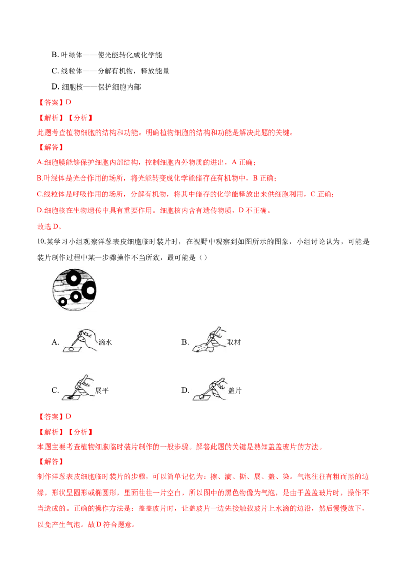 专题2.1.2植物细胞（解析版）_初中全科电子版试卷练习试题_生物_生物人教版7上练习&mdash;24新版已更新_人教生物7年级上课时练习39份_七年级生物上册课时练习（人教版）18份