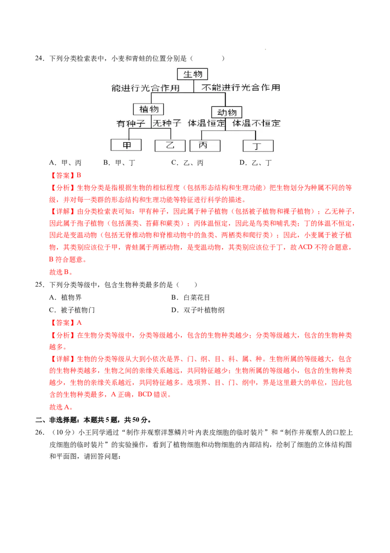 七年级生物期末模拟卷02（全解全析）（人教版2024）_初中全科电子版试卷练习试题_生物_生物人教版7上练习&mdash;24新版已更新_人教生物7年级上期末试卷11份