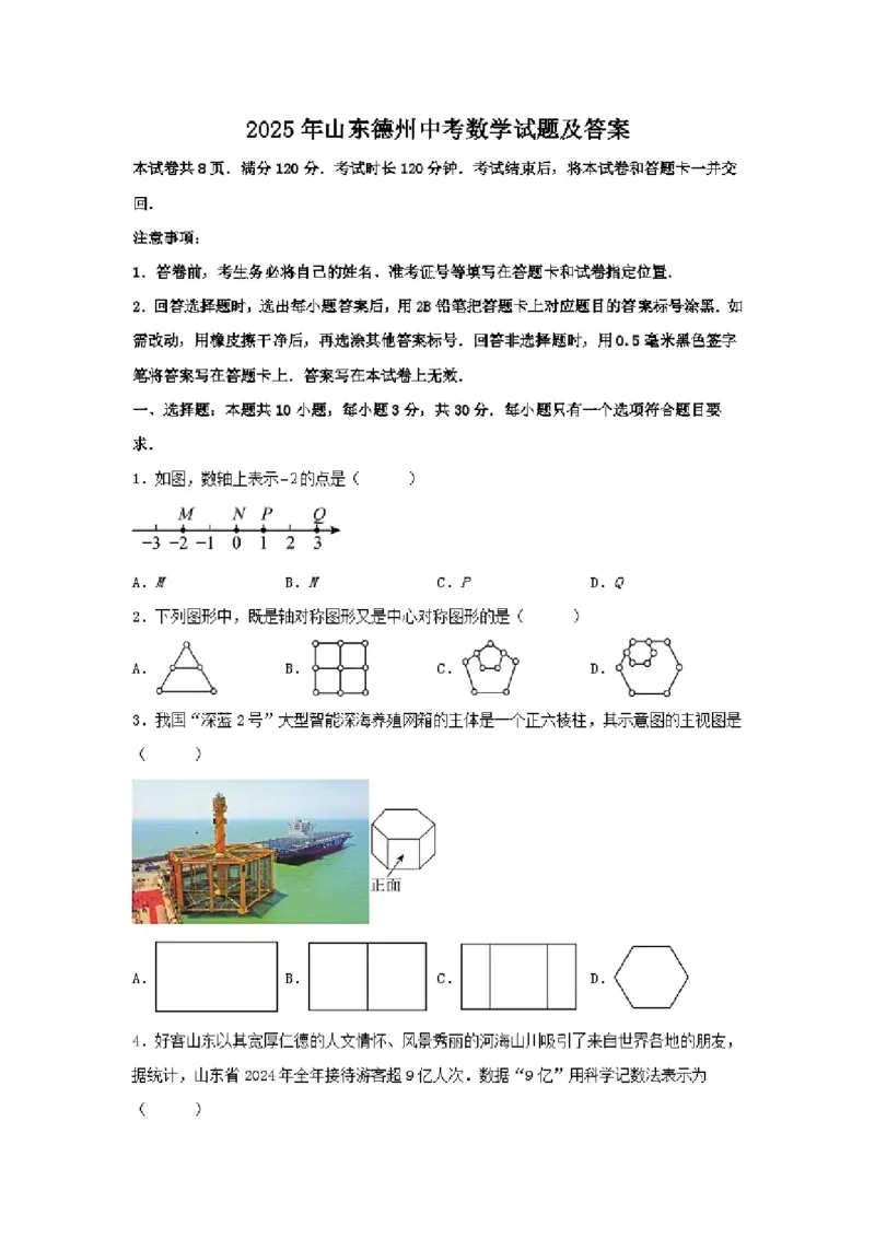 2025德州数学中考_山东历年中考真题_山东省2025中考题_德州市