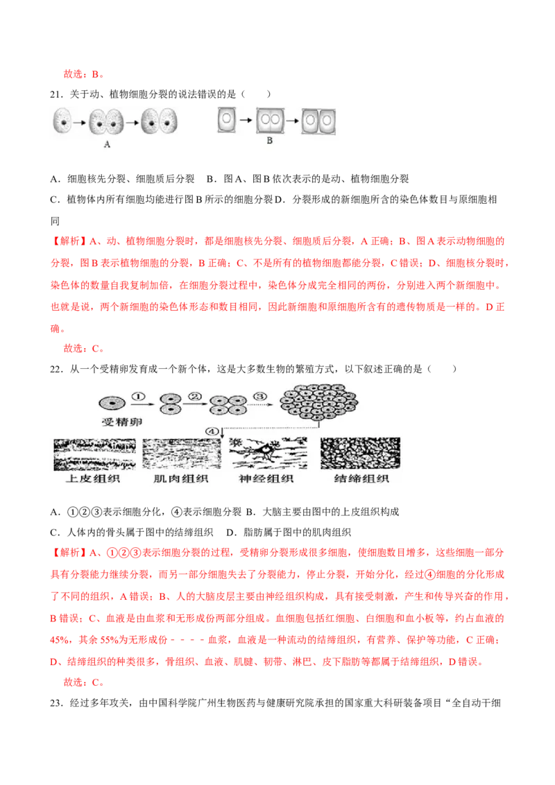 七年级上册人教版期中测试02（解析版）_初中全科电子版试卷练习试题_生物_生物人教版7上练习&mdash;24新版已更新_人教生物7年级上期中试卷07份