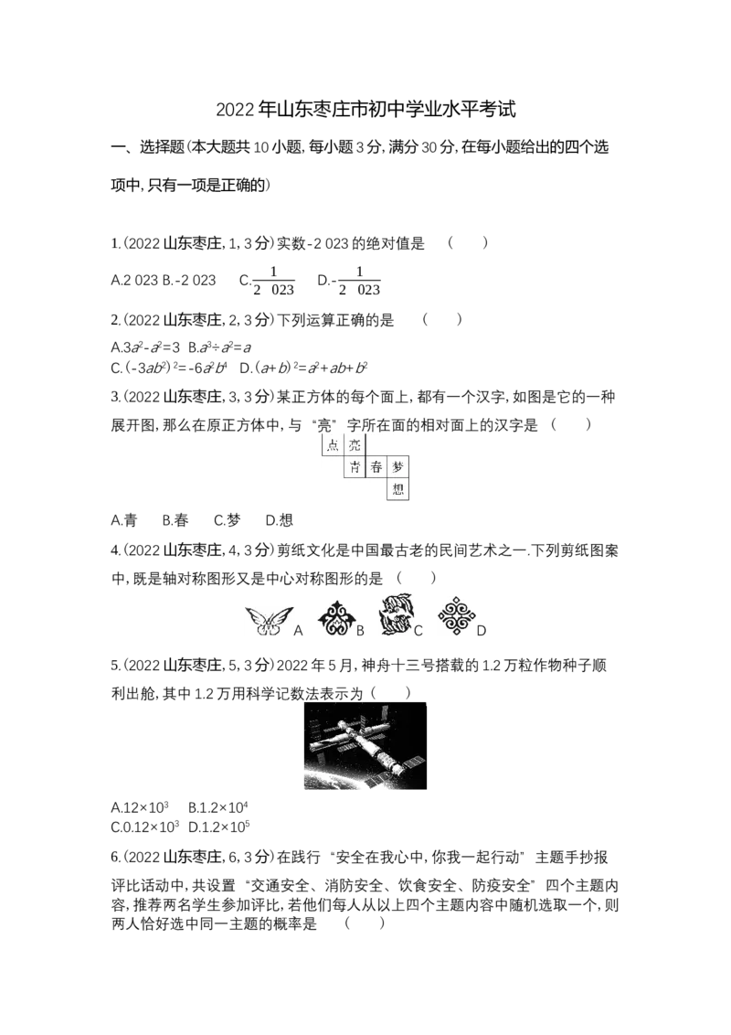 2022枣庄数学试卷+答案+解析(word整理版)_山东历年中考真题_山东省历年中考真题2013~2024_初中数学历年真题（2013-2024）