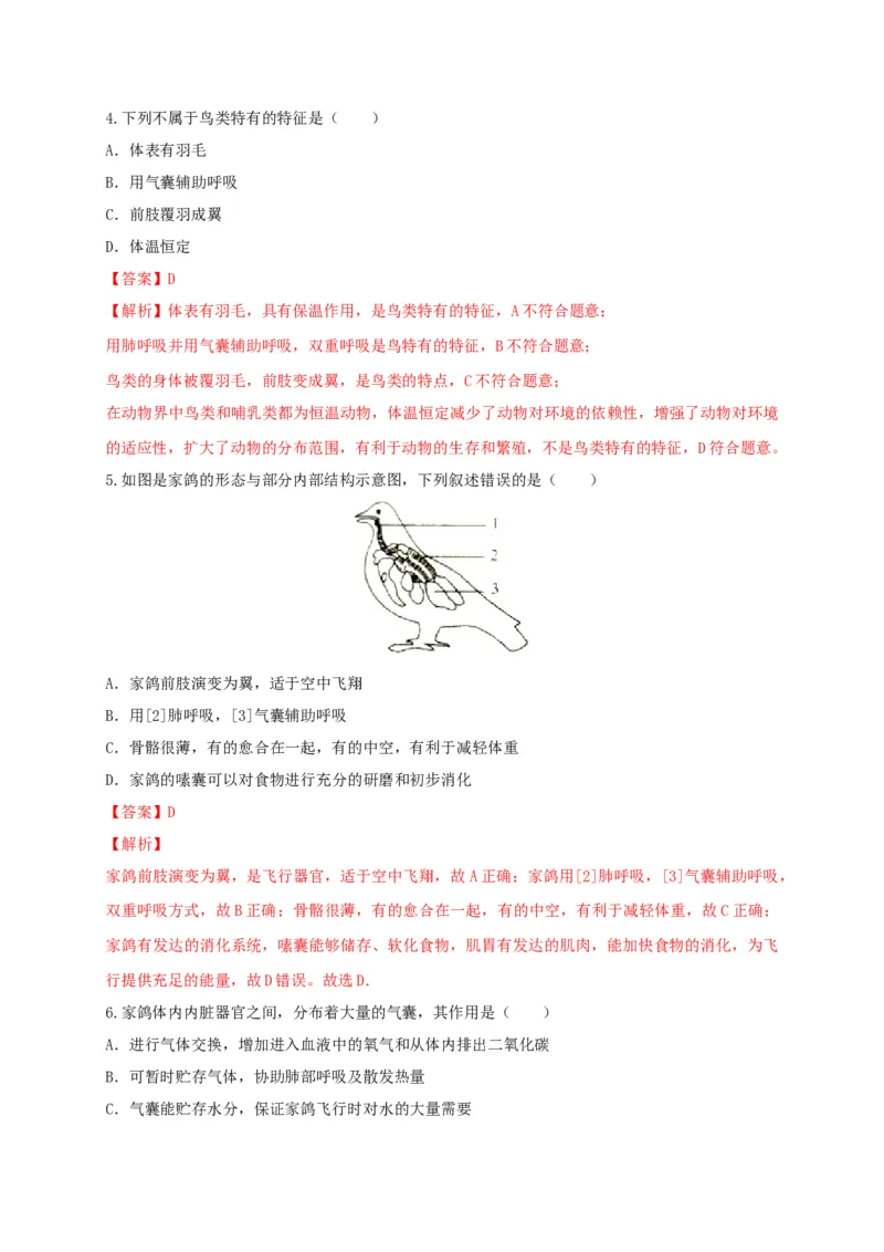 5.1.6鸟（备作业）-（人教版）（解析版）_初中全科电子版试卷练习试题_生物_生物8上练习_人教生物8年级上课时练习37份_第2套八年级生物上册课时练习（人教版）21份