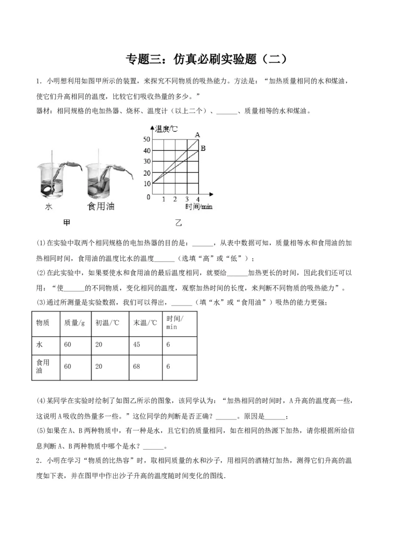 专题三仿真必刷实验题(二）（人教版）_初中全科电子版试卷练习试题_物理_9年级上下册物理试题_人教版物理九年级全一册专项练习（013份）