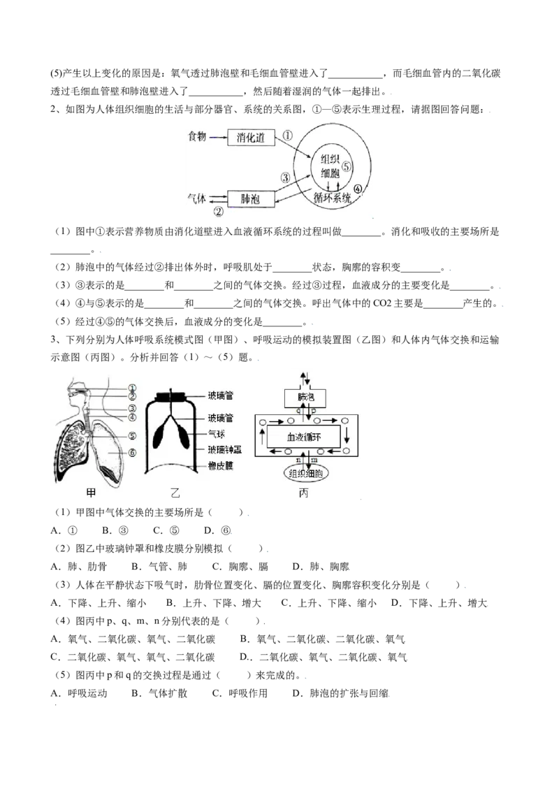 4.3.2发生在肺内的气体交换（原卷版）_初中全科电子版试卷练习试题_生物_生物人教版7下练习_人教生物7年级下课时练习40份_第2套七年级生物下册课时练习（人教版）20份