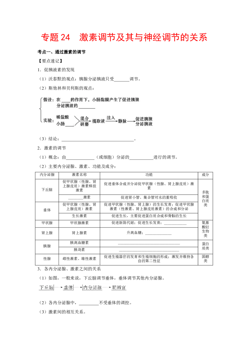 专题24激素调节及其与神经调节的关系（教师版）_新高考复习资料_2023年新高考复习资料_二轮复习_增分要点2023高考生物二轮复习专题解读和分层训练291073137