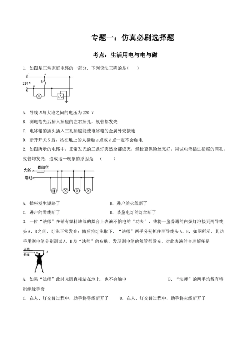 专题一仿真必刷选择题(生活用电电与磁)（人教版）_初中全科电子版试卷练习试题_物理_9年级上下册物理试题_人教版物理九年级全一册专项练习（013份）
