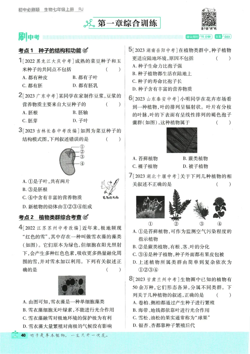 2025版《初中必刷题》生物RJ7上_初中全科电子版试卷练习试题_25初中必刷题_2025版《初中必刷题》生物RJ7上