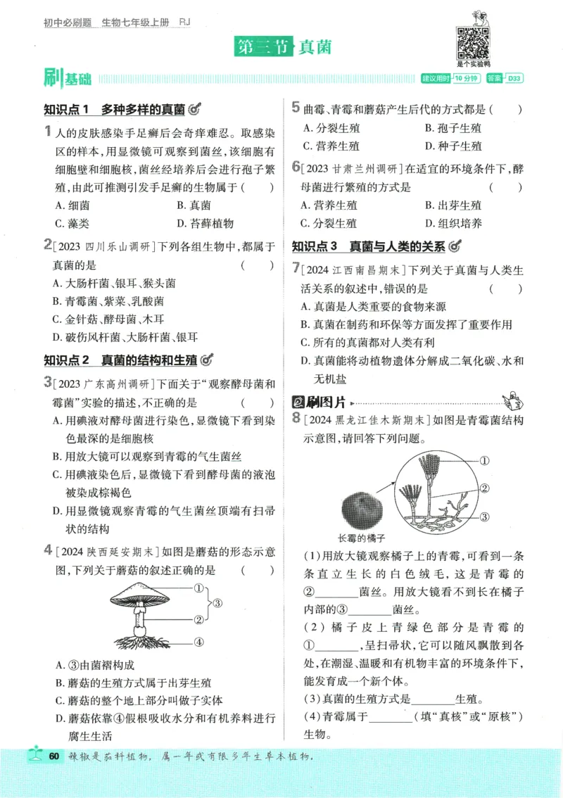 2025版《初中必刷题》生物RJ7上_初中全科电子版试卷练习试题_25初中必刷题_2025版《初中必刷题》生物RJ7上