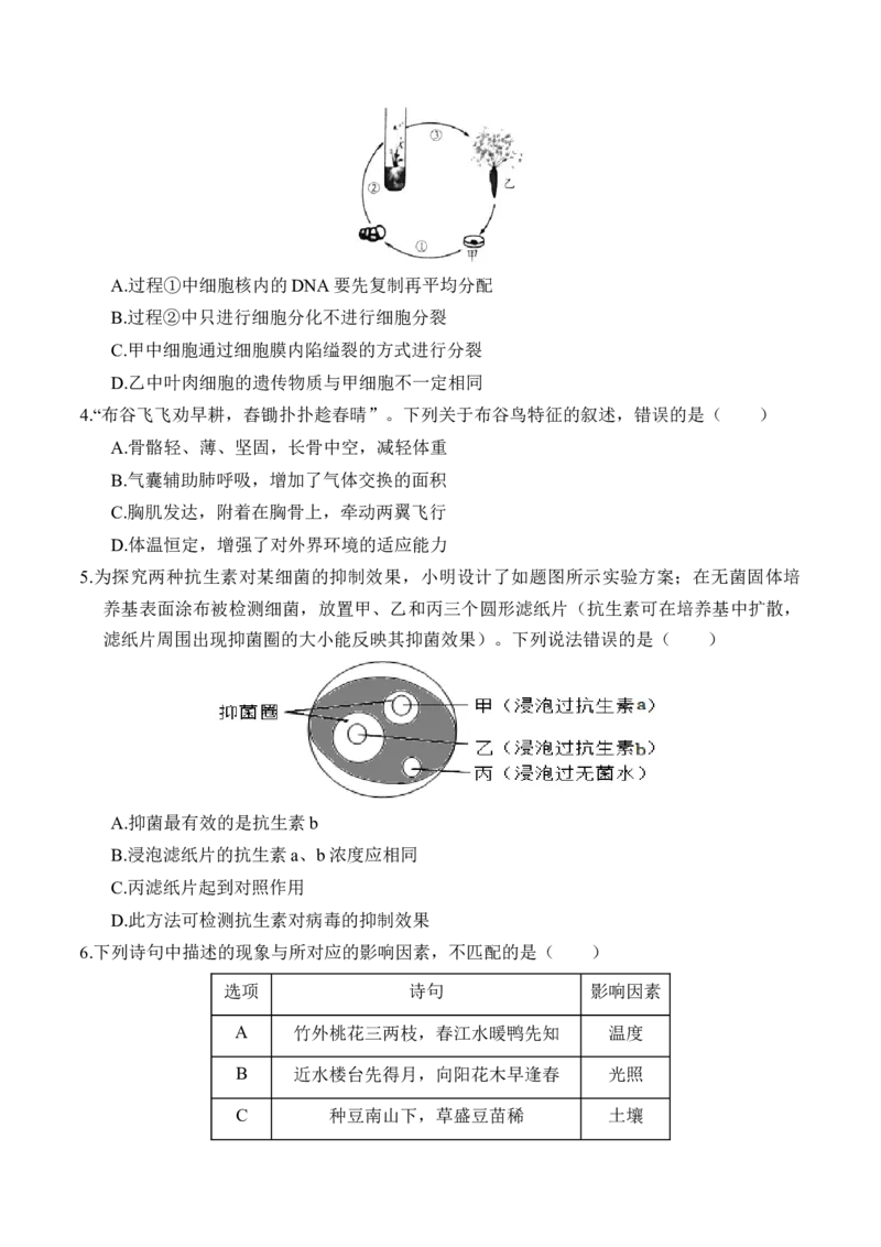 2024年中考押题预测卷（武汉卷）-生物（考试版）A4_初中全科电子版试卷练习试题_生物_2024中考模拟题生物(1)_押题预测