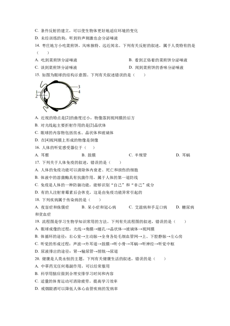 七年级下学期期末生物试题1（原卷版）_初中全科电子版试卷练习试题_生物_生物人教版7下练习_人教生物7年级下期末试卷11份