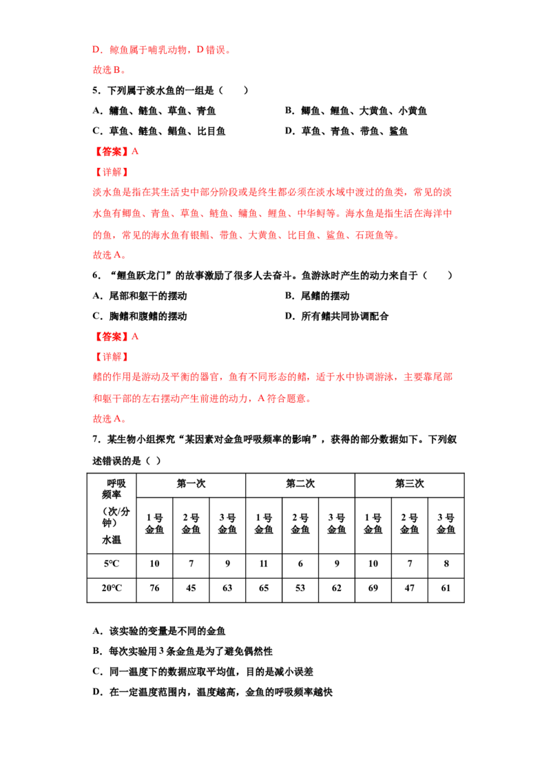 5.1.4鱼（练习）（解析版）_初中全科电子版试卷练习试题_生物_生物8上练习_人教生物8年级上课时练习37份_第1套八年级生物上册课时练习（人教版）16份
