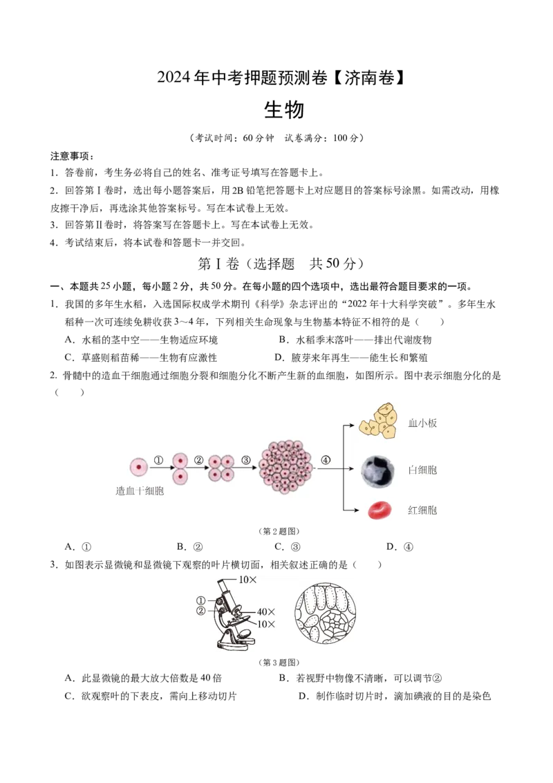 2024年中考押题预测卷（济南卷）-生物（考试版）A4_初中全科电子版试卷练习试题_生物_2024中考模拟题生物(1)_押题预测