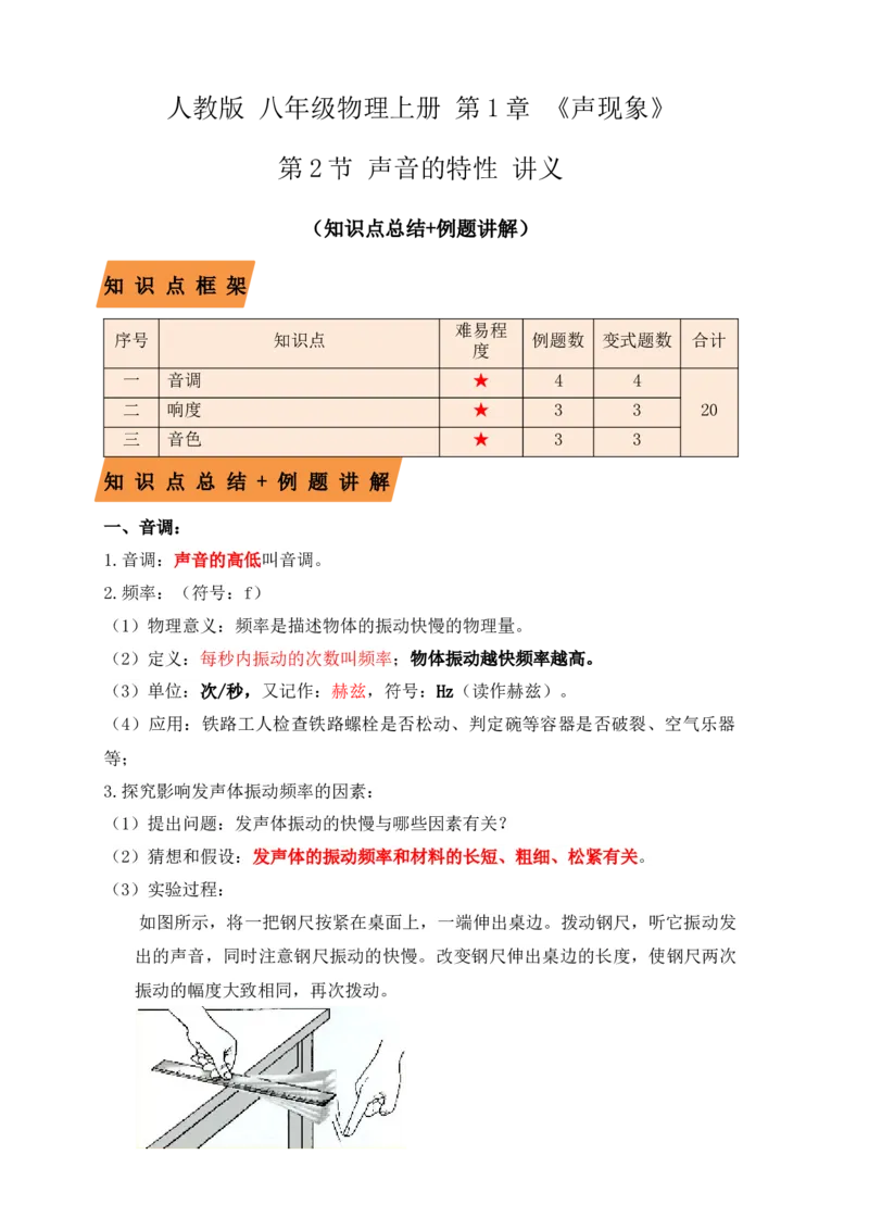 2.2声音的特性（知识点+例题）（原卷版）_初中全科电子版试卷练习试题_物理_8年级上册物理试题_人教版物理八年级上课时练习（104份）_课时练习第1套53