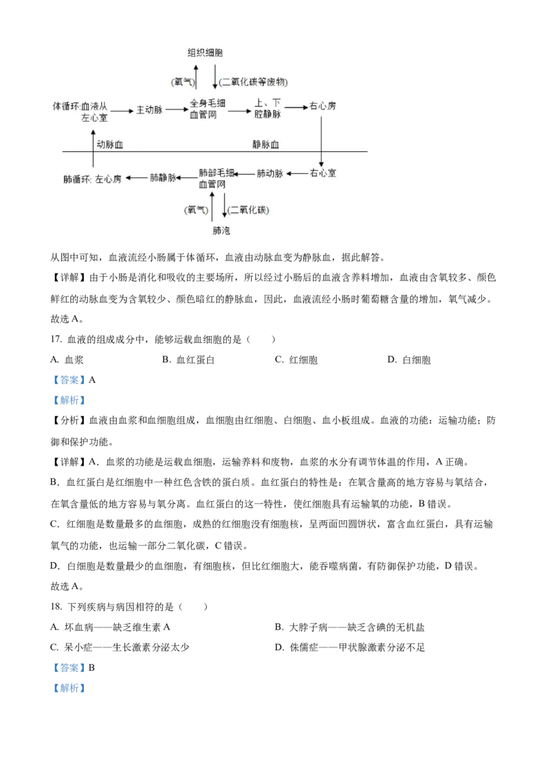 七年级下学期期末生物试题（解析版）_初中全科电子版试卷练习试题_生物_生物人教版7下练习_人教生物7年级下期末试卷11份