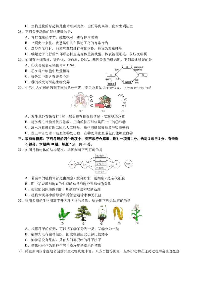 2024年中考押题预测卷（南京卷）-生物（考试版）A4_初中全科电子版试卷练习试题_生物_2024中考模拟题生物(1)_押题预测