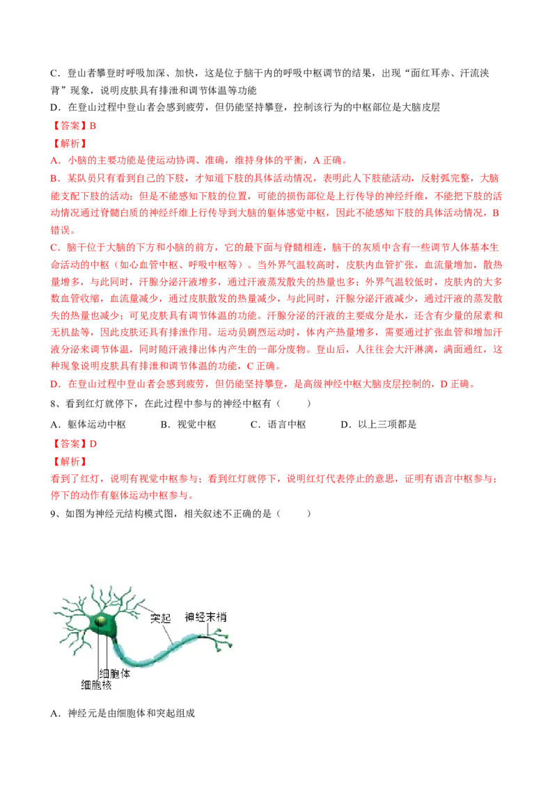 4.6.2神经系统的组成（解析版）_初中全科电子版试卷练习试题_生物_生物人教版7下练习_人教生物7年级下课时练习40份_第2套七年级生物下册课时练习（人教版）20份
