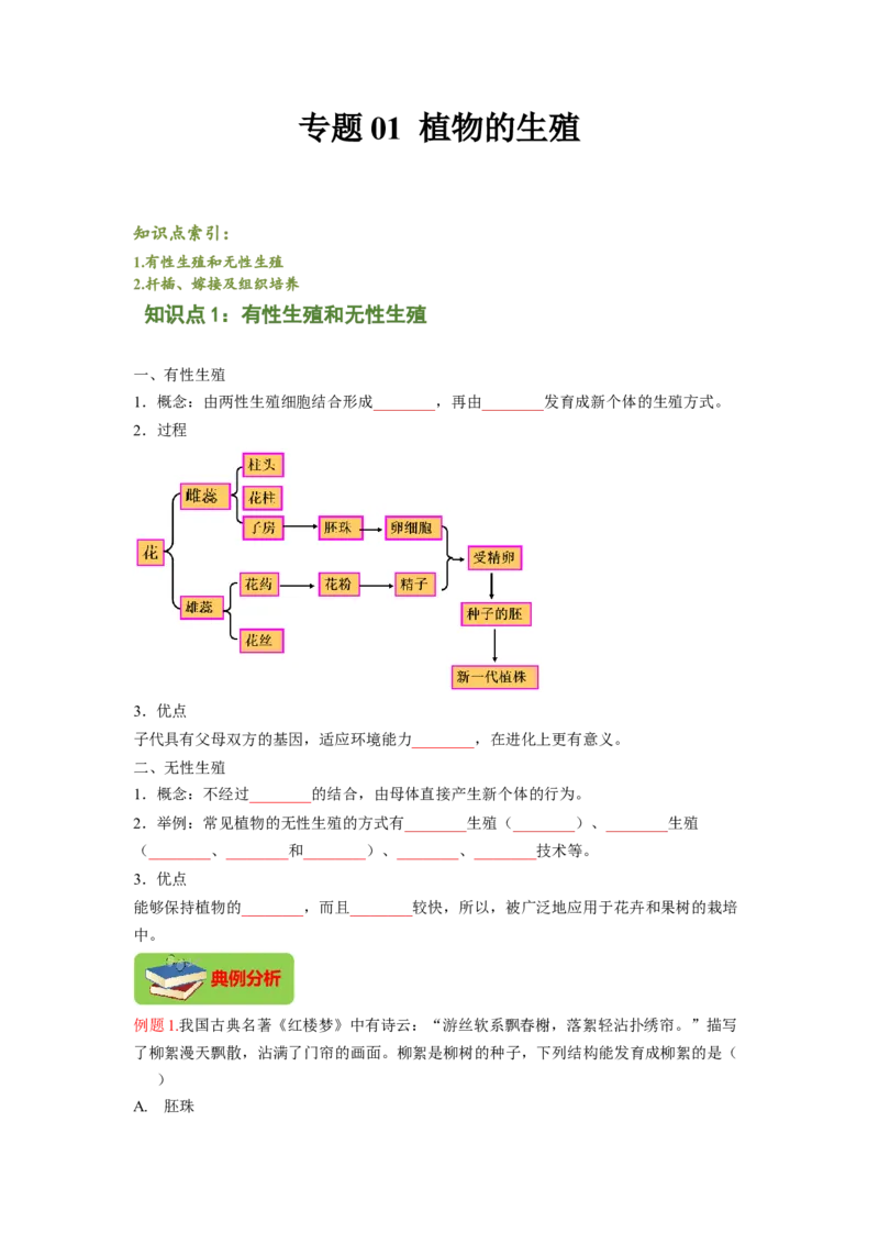 专题01植物的生殖（原卷版）-2021-2022学年八年级上学期期末复习之重难点突破（人教版）_初中全科电子版试卷练习试题_生物_生物8上练习_人教生物8年级上专项练习23份