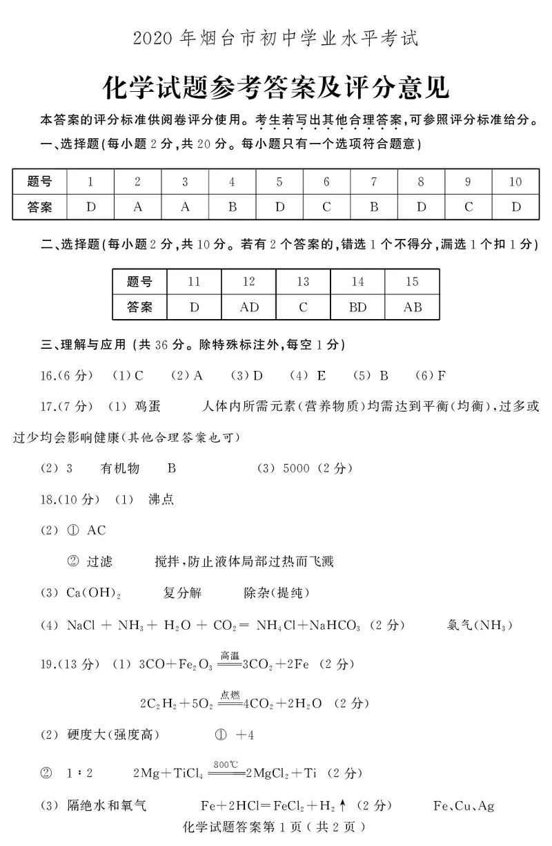 2020山东烟台化学试卷+答案(PDF文件版)_山东历年中考真题_山东省历年中考真题2013~2024_初中化学历年真题（2013-2024）