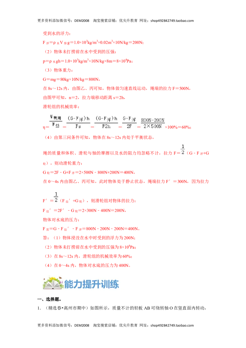专题13利用公式计算多种机械的效率（解析版）_初中全科电子版试卷练习试题_物理_8年级下册物理试题_人教版物理八年级下专项练习（029份）