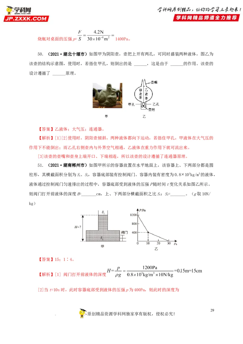 第十一单元压强真题训练（解析版）_8、物理总复习_8.中考物理总复习_2022年中考复习资料_2022年中考一轮物理单元复习过过过（全国通用）学科网名师堂267298375