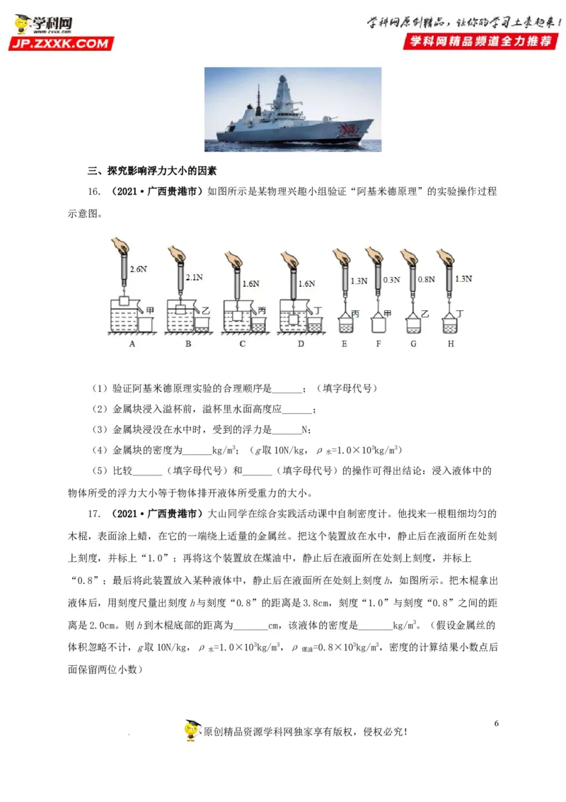 第十二单元浮力真题训练（原卷版）_8、物理总复习_8.中考物理总复习_2022年中考复习资料_2022年中考一轮物理单元复习过过过（全国通用）学科网名师堂267298375