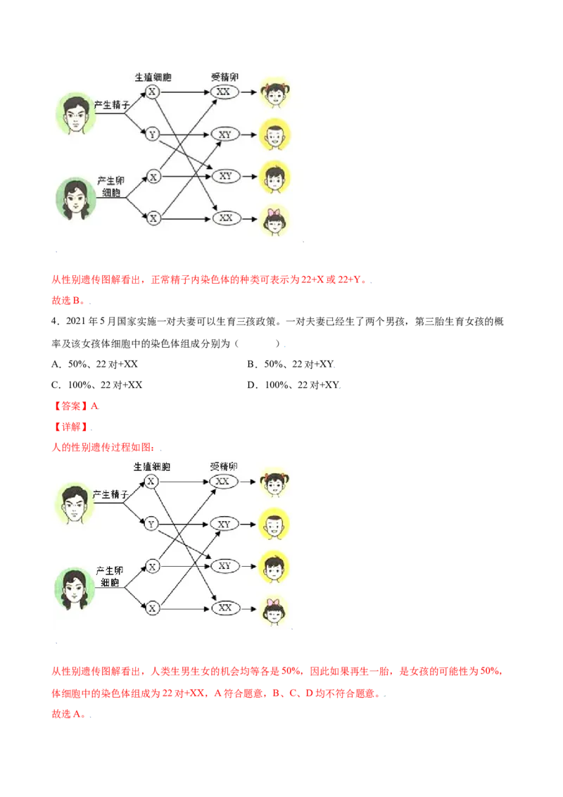 7.2.4人的性别遗传（练习）-（人教版）（解析版）_初中全科电子版试卷练习试题_生物_生物8下练习_人教生物8年级下课时练习51份