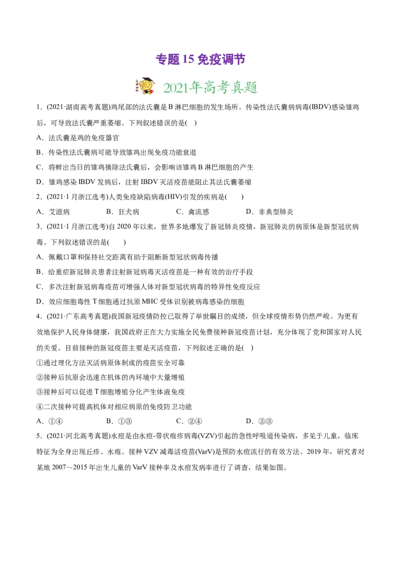 专题15免疫调节-2021年高考生物真题与模拟题分类训练（学生版）_新高考复习资料_2023年新高考复习资料_一轮复习_2023年新高考大一轮复习讲义_赠2021年高考生物真题与模拟题分类训练