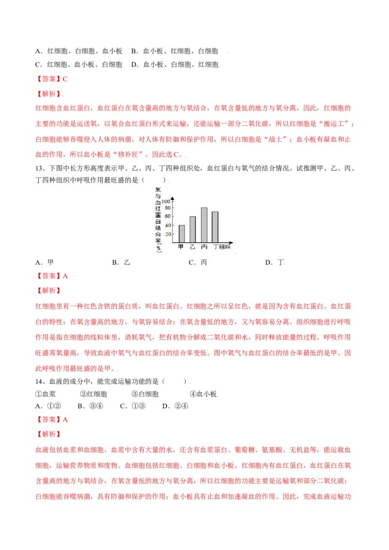 4.4.1流动的组织&mdash;血液（解析版）_初中全科电子版试卷练习试题_生物_生物人教版7下练习_人教生物7年级下课时练习40份_第2套七年级生物下册课时练习（人教版）20份