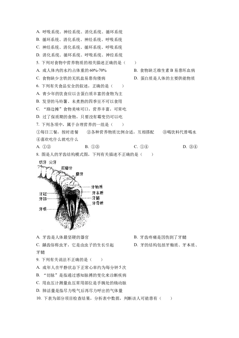 七年级下学期期末生物试题2（原卷版）_初中全科电子版试卷练习试题_生物_生物人教版7下练习_人教生物7年级下期末试卷11份