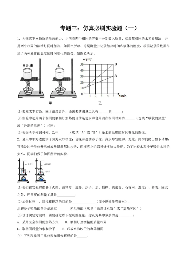 专题三仿真必刷实验题(一）（人教版）_初中全科电子版试卷练习试题_物理_9年级上下册物理试题_人教版物理九年级全一册专项练习（013份）