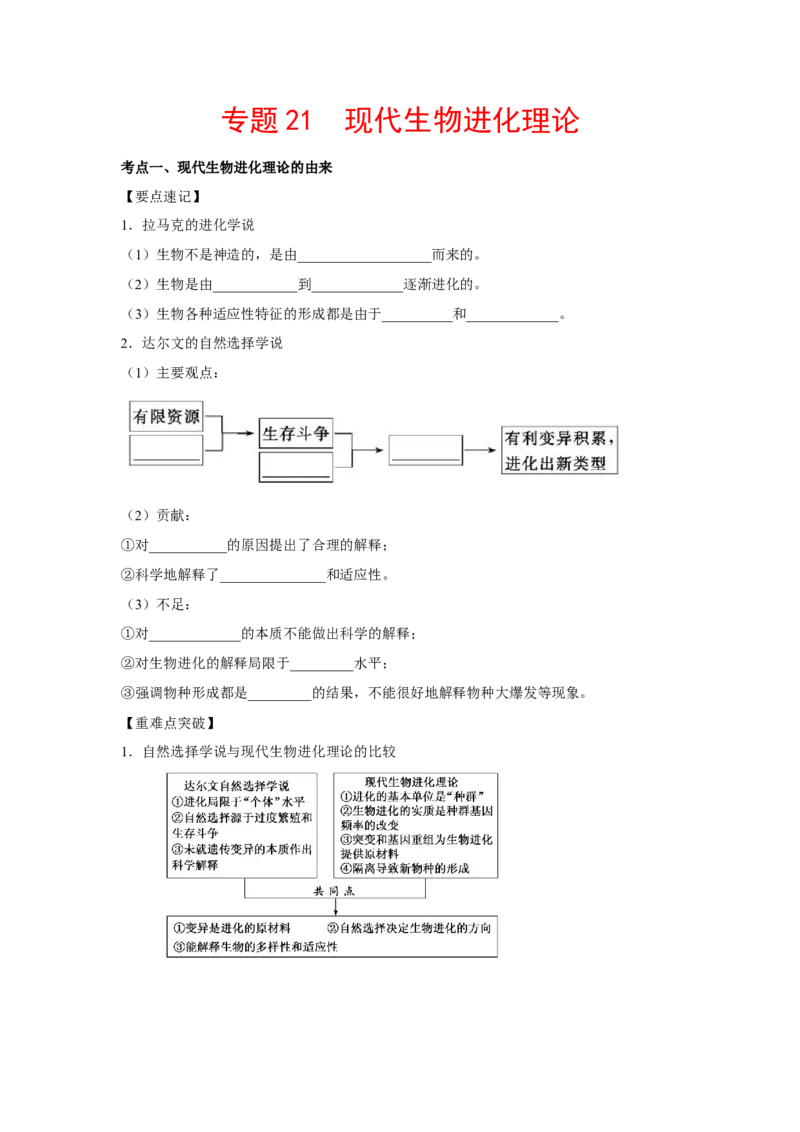 专题21现代生物进化理论（学生版）_新高考复习资料_2023年新高考复习资料_二轮复习_增分要点2023高考生物二轮复习专题解读和分层训练291073137