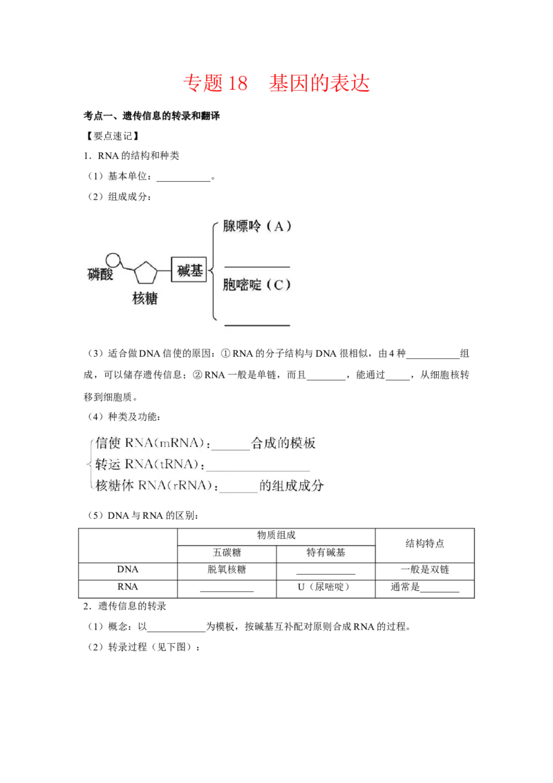 专题18基因的表达(教师版)_新高考复习资料_2023年新高考复习资料_二轮复习_增分要点2023高考生物二轮复习专题解读和分层训练291073137