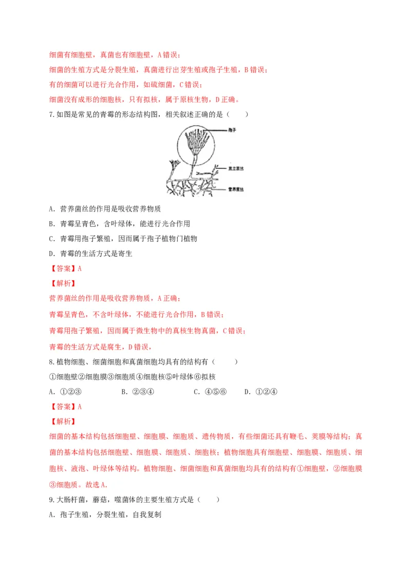 5.4.3真菌（备作业）-（人教版）（解析版）_初中全科电子版试卷练习试题_生物_生物8上练习_人教生物8年级上课时练习37份_第2套八年级生物上册课时练习（人教版）21份
