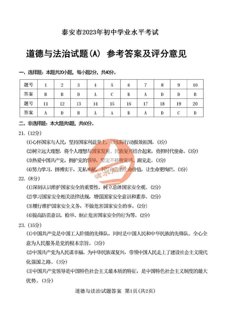 2023山东泰安中考道德与法治试卷+答案(图片版)_山东历年中考真题_山东省历年中考真题2013~2024_初中道法历年真题（2013-2024）