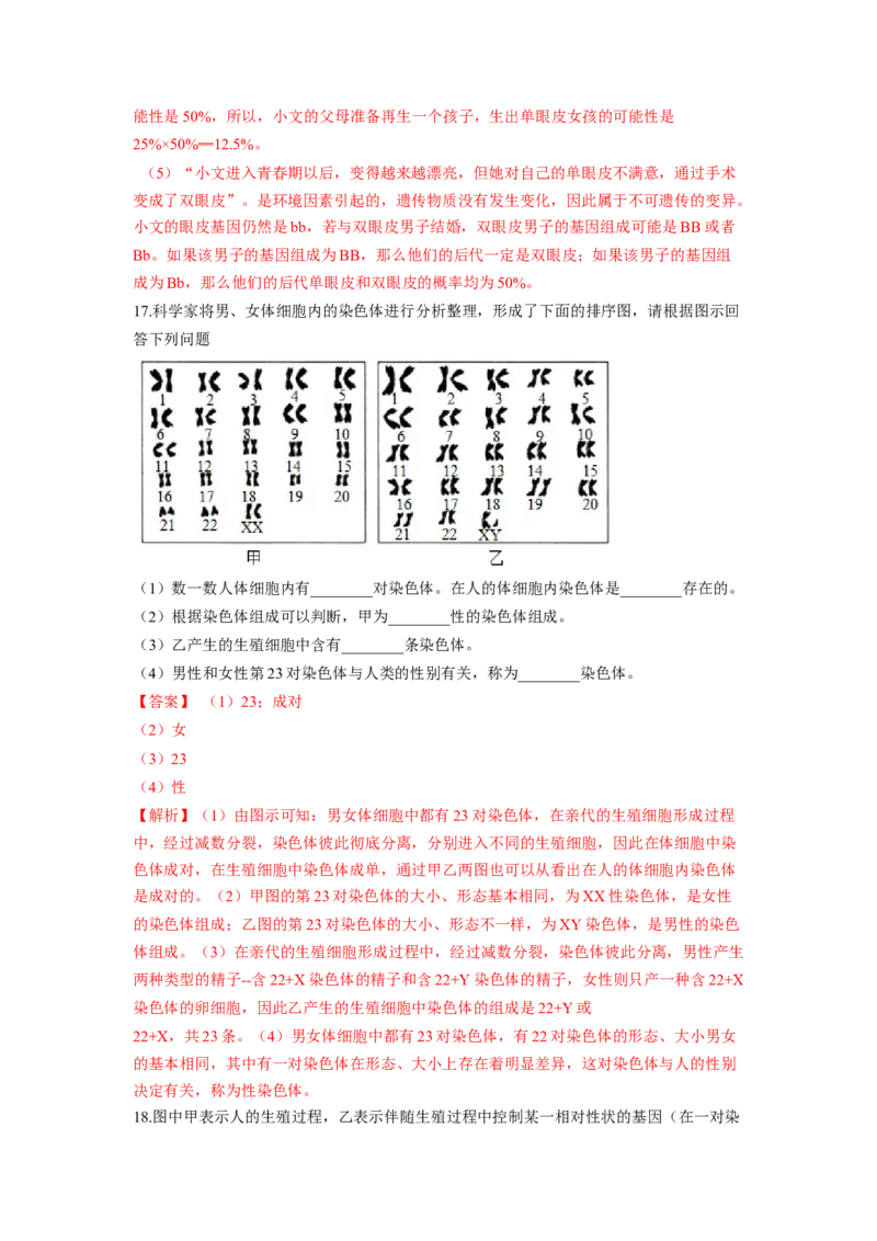 专题06人的性别遗传（解析版）-2021-2022学年八年级上学期期末复习之重难点突破（人教版）_初中全科电子版试卷练习试题_生物_生物8上练习_人教生物8年级上专项练习23份