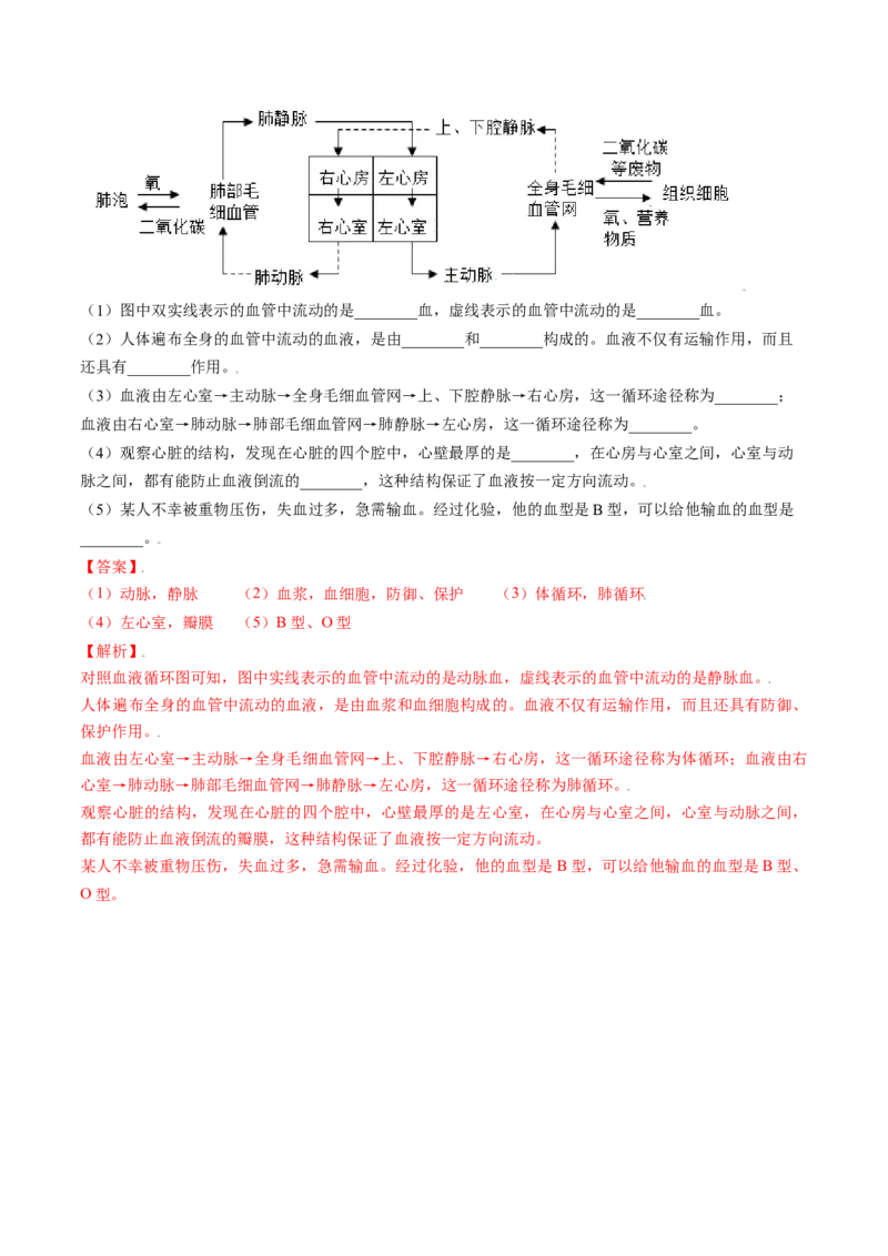 4.4.4输血与血型（解析版）_初中全科电子版试卷练习试题_生物_生物人教版7下练习_人教生物7年级下课时练习40份_第2套七年级生物下册课时练习（人教版）20份