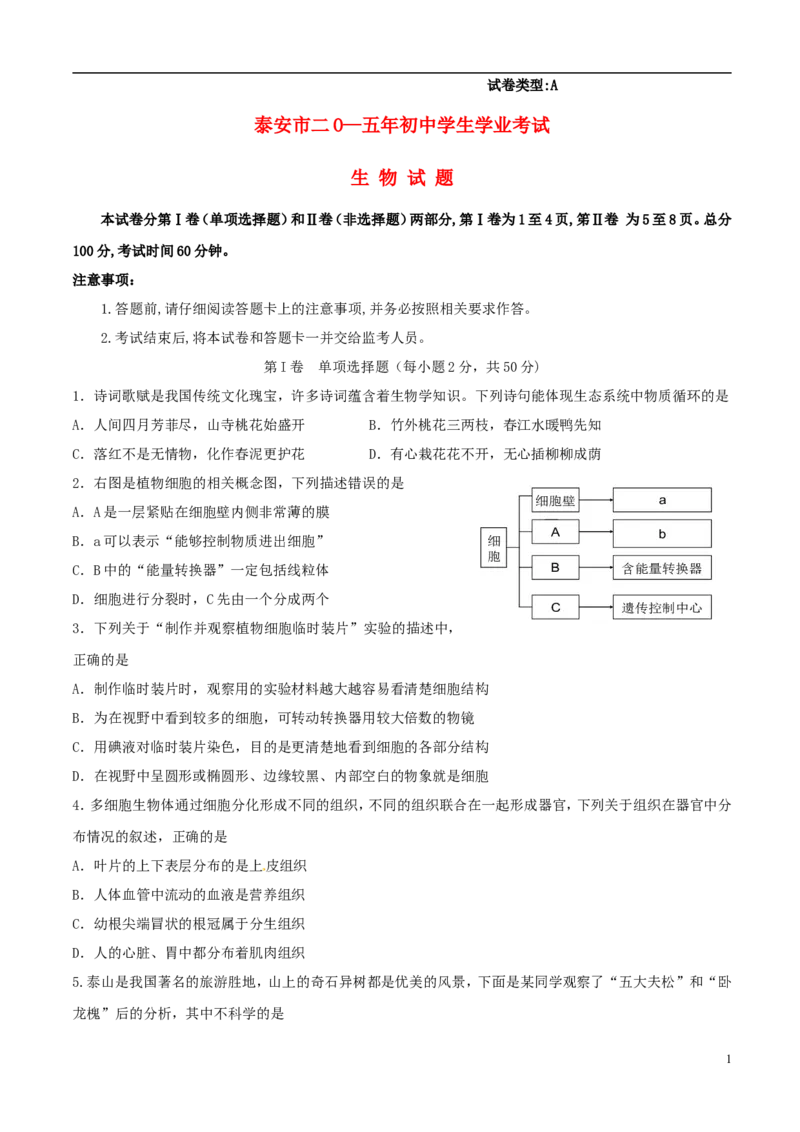山东省泰安市2015年中考生物真题试题（含扫描答案）(1)_山东历年中考真题_山东省历年中考真题2013~2024_初中生物历年真题（2013-2024）