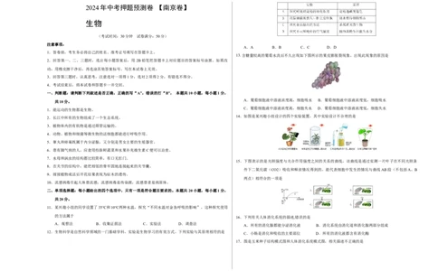 2024年中考押题预测卷（南京卷）-生物（考试版）A3_初中全科电子版试卷练习试题_生物_2024中考模拟题生物(1)_押题预测