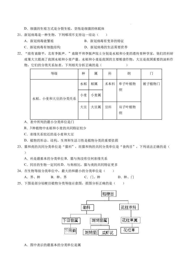 七年级生物期末模拟卷（考试版）测试范围：人教版2024七上全册（）_初中全科电子版试卷练习试题_生物_生物人教版7上练习&mdash;24新版已更新_人教生物7年级上期末试卷11份