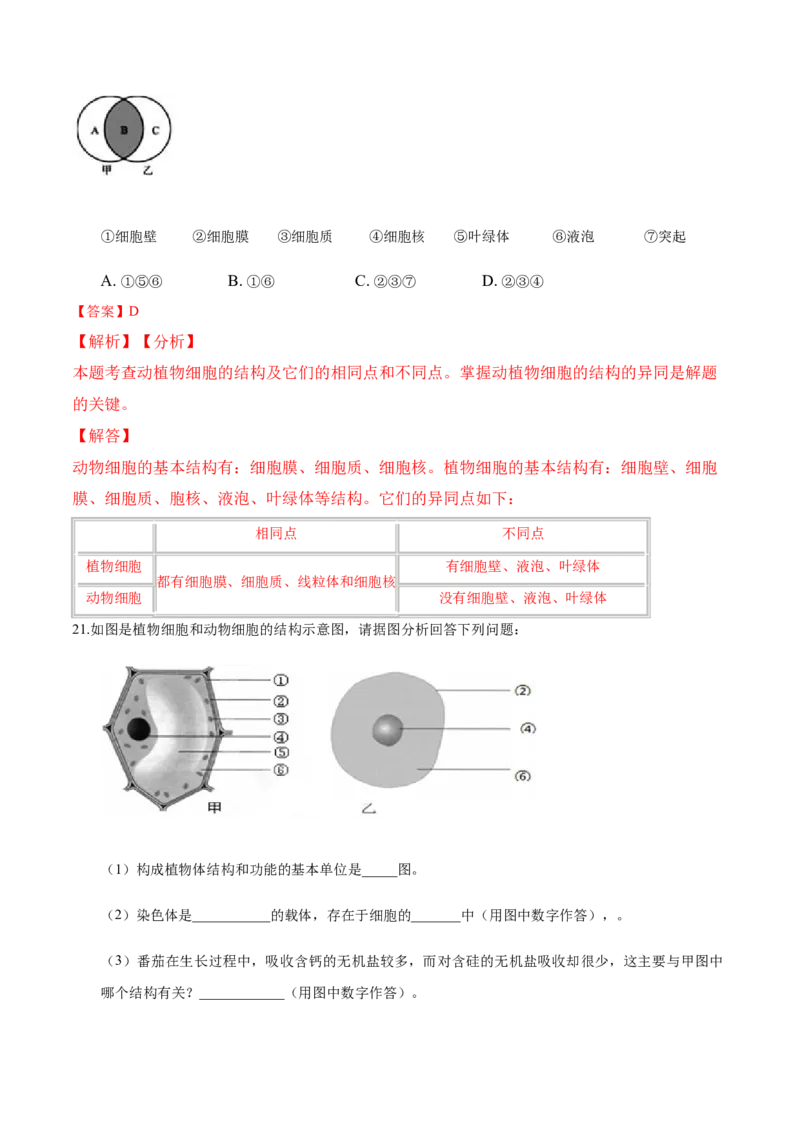 专题2.1.3动物细胞（解析版）_初中全科电子版试卷练习试题_生物_生物人教版7上练习&mdash;24新版已更新_人教生物7年级上课时练习39份_七年级生物上册课时练习（人教版）18份