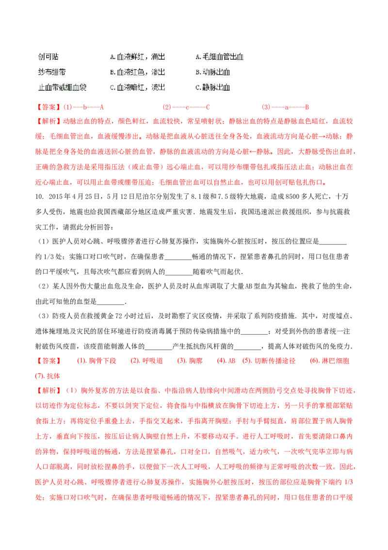 8.2用药与急救（重点练）-（人教版）（解析版）_初中全科电子版试卷练习试题_生物_生物8下练习_人教生物8年级下课时练习51份