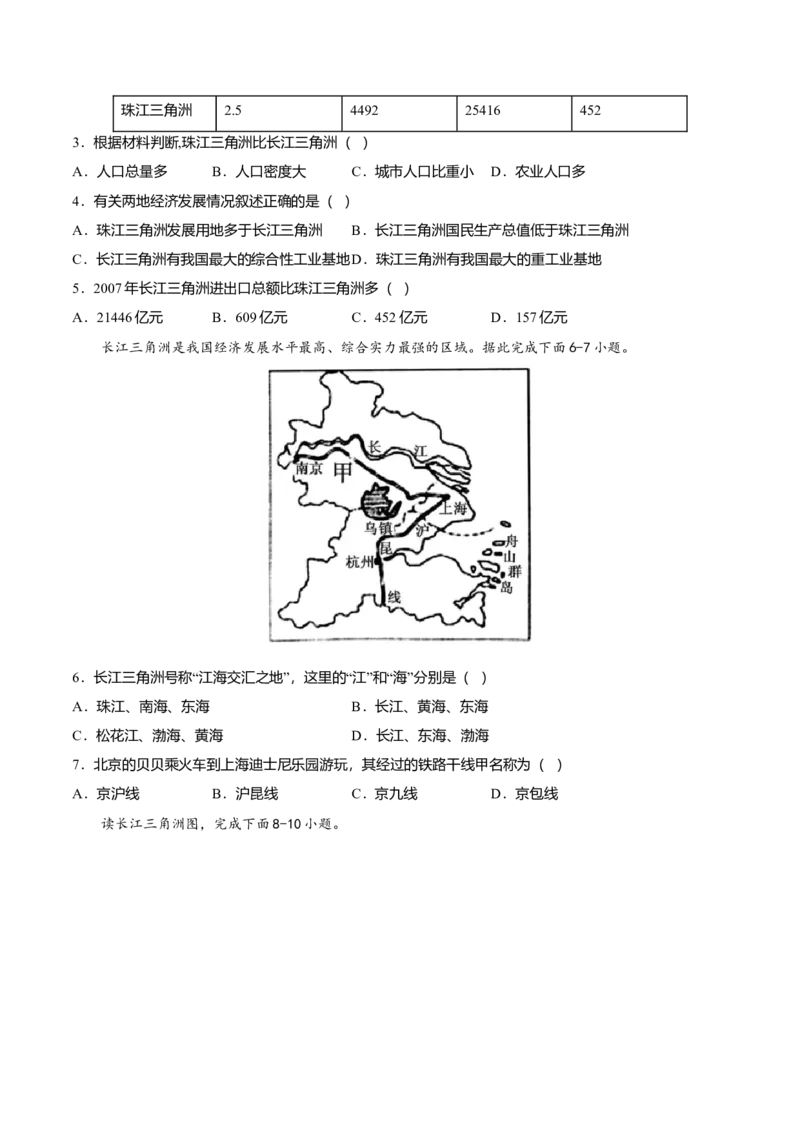 专题07鱼米之乡&mdash;&mdash;长江三角洲地区专项训练-（人教版）（原卷版）_初中全科电子版试卷练习试题_地理_人教地理8下试题试卷_人教地理8年级下专项练习14份