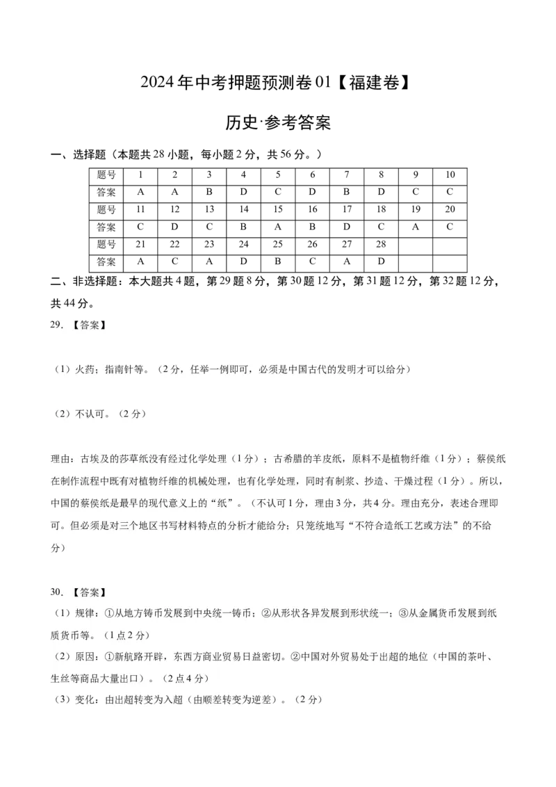 2024年中考押题预测卷01（福建卷）-历史（参考答案）_初中全科电子版试卷练习试题_历史_2024中考模拟题历史(1)_押题预测