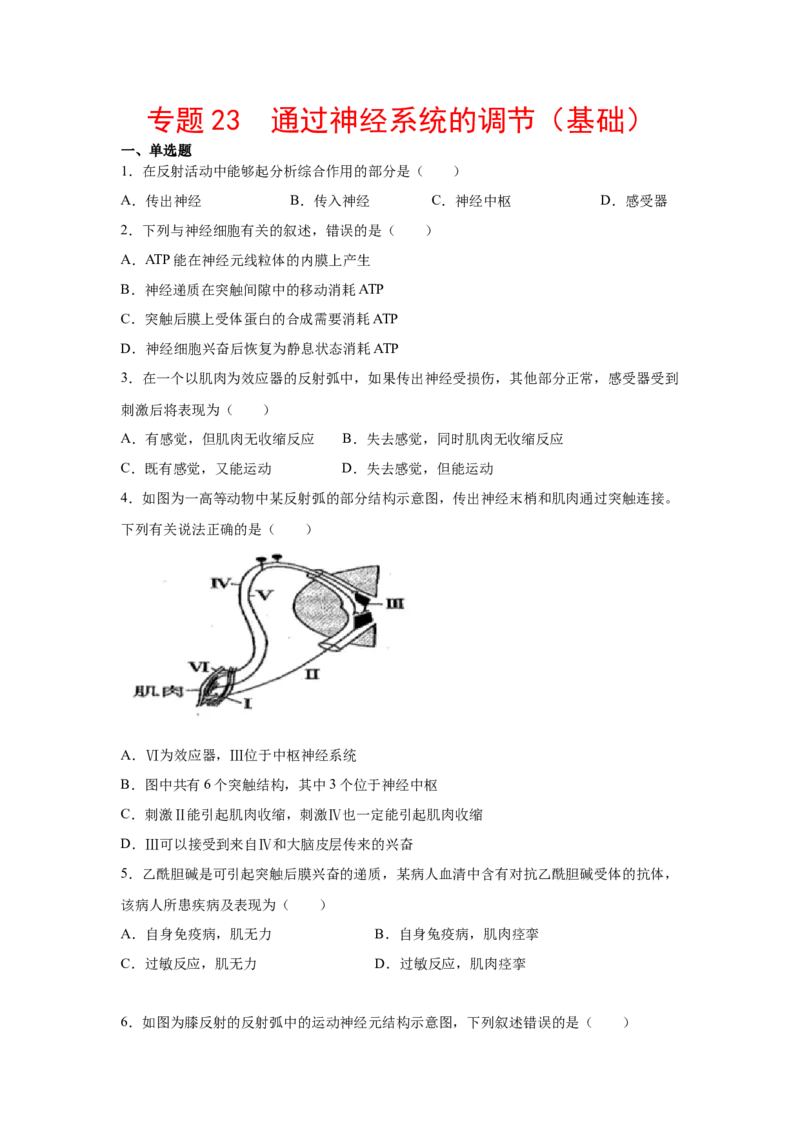 专题23通过神经系统的调节（学生版）_新高考复习资料_2023年新高考复习资料_二轮复习_增分要点2023高考生物二轮复习专题解读和分层训练291073137_专题23通过神经系统的调节