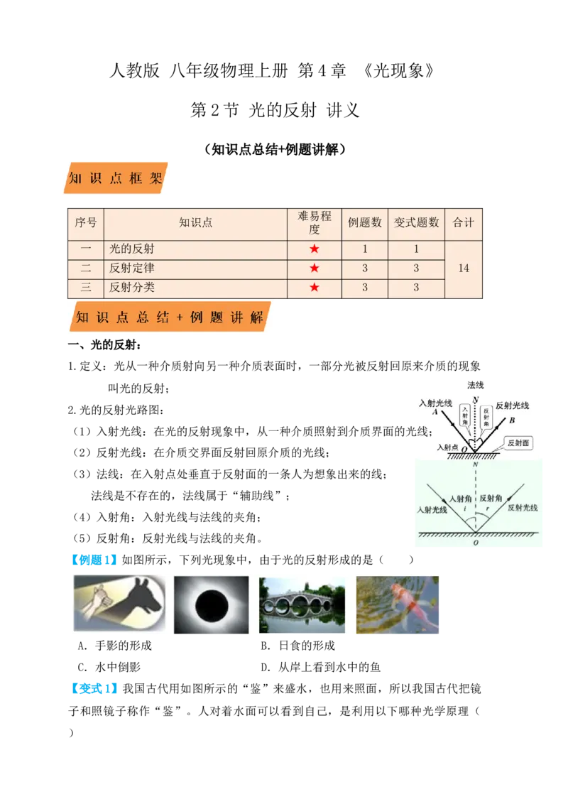 4.2光的反射（知识点+例题）（原卷版）_初中全科电子版试卷练习试题_物理_8年级上册物理试题_人教版物理八年级上课时练习（104份）_课时练习第1套53