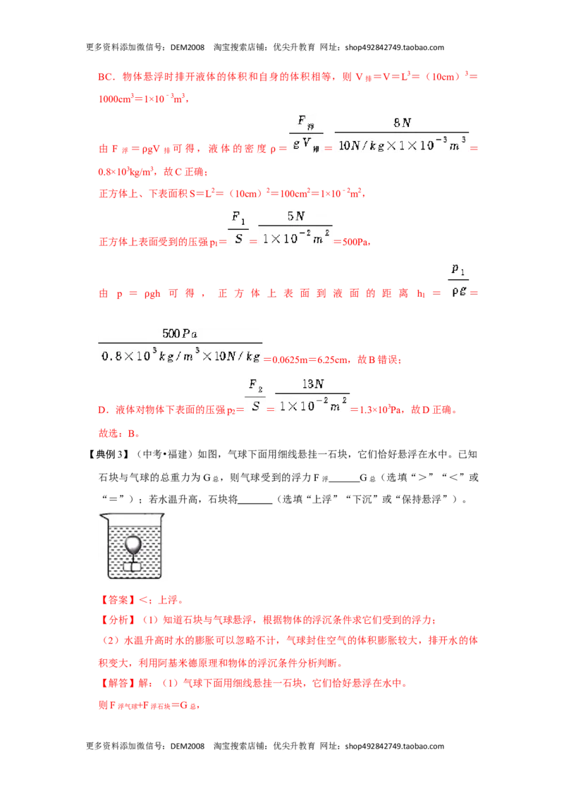 专题03浮力的现象和应用（解析版）_初中全科电子版试卷练习试题_物理_8年级下册物理试题_人教版物理八年级下专项练习（029份）