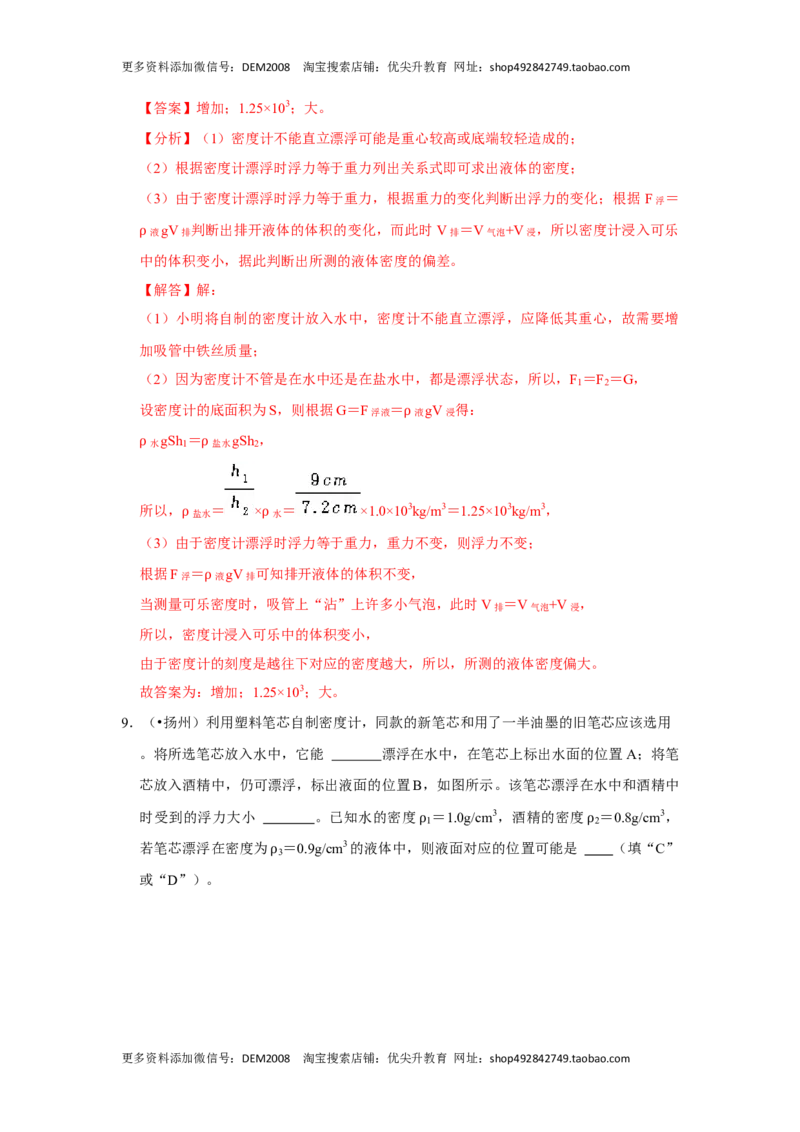 专题03浮力的现象和应用（解析版）_初中全科电子版试卷练习试题_物理_8年级下册物理试题_人教版物理八年级下专项练习（029份）